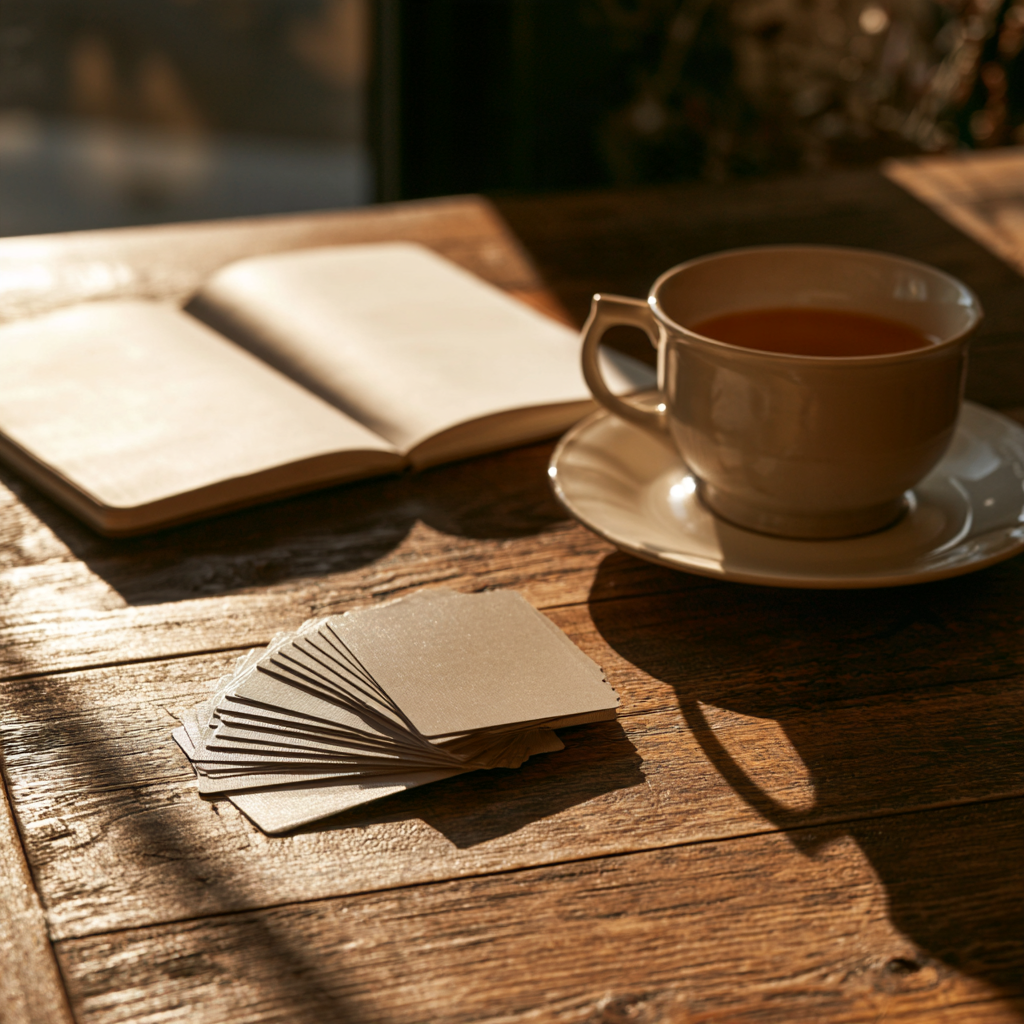 Ein ruhiger Holztisch mit einer kleinen Auswahl aufgefächerter Karten ohne erkennbare Motive, daneben eine Tasse Tee und ein Notizbuch im warmen Tageslicht